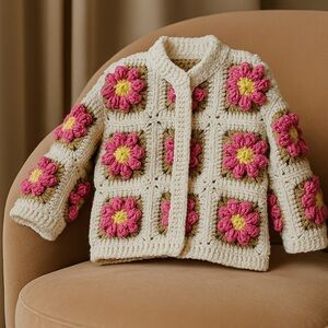 Handmade Crochet Flower Jacket for Kids – Cozy & Stylish Size 2T/3T NWT